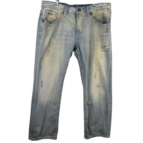Rivet De Cru Distressed Light Wash Denim Jeans Heavy Stitch Back Pockets 40x32‎ - Picture 1 of 12